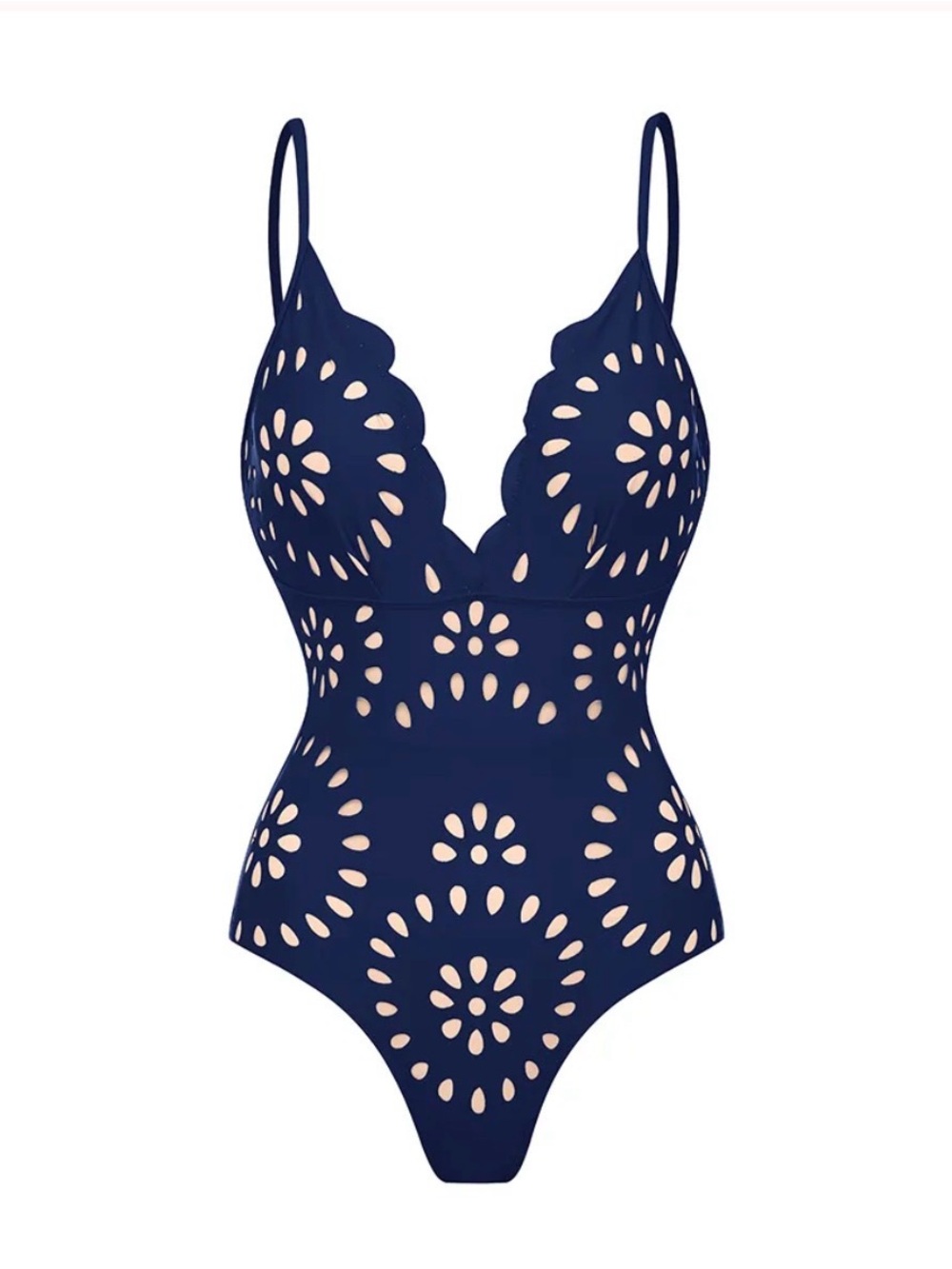 Navy Blue Laser-Cut Maxi Swim Dress with Spaghetti Straps - Picture 4 of 15